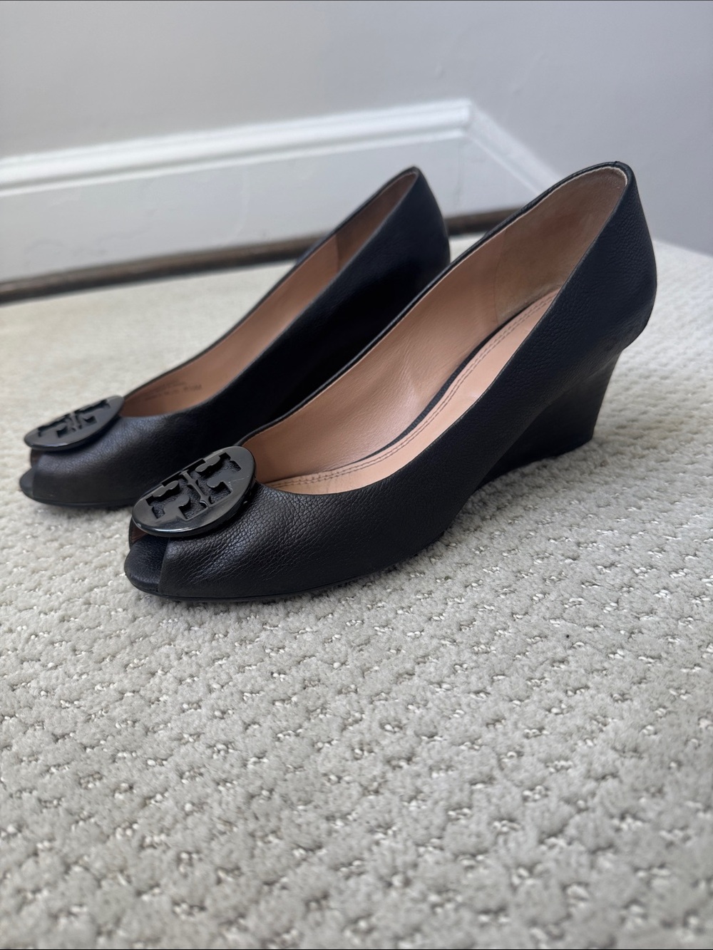 Tory Burch Black Leather Logo Peep Toe Wedge Pumps Size 8.5